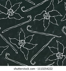 Black Board Background. Vanilla Stick and Flower Seamless Endless Pattern. Vanilla Pod and Blossom Seasonal Background. Spice and Flavor. Hand Drawn Illustration. Savoyar Doodle Style.