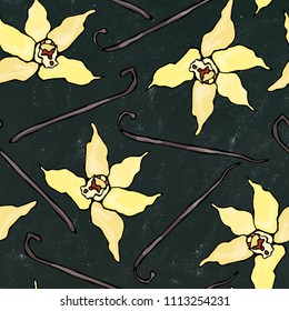 Black Board Background. Vanilla Stick and Flower Seamless Endless Pattern. Vanilla Pod and Blossom Seasonal Background. Spice and Flavor. Hand Drawn Illustration. Savoyar Doodle Style.