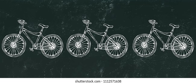 Black Board Background. Vector hand drawn illustration of city bicycle in ink. Bike with step-through frame. Realistic Hand Drawn Illustration. Savoyar Doodle Style.
