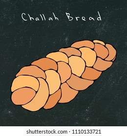 Black Board Background. Zopf or Challah Bread. Jewish or Swiss, Austrian or Bavarian Bakery. Realistic Hand Drawn Illustration. Savoyar Doodle Style.