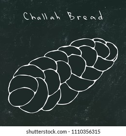 Black Board Background. Zopf or Challah Bread. Jewish or Swiss, Austrian or Bavarian Bakery. Realistic Hand Drawn Illustration. Savoyar Doodle Style.