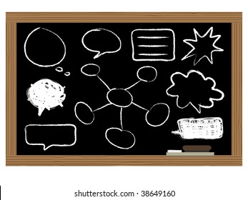 black board with chalk speech bubbles and diagrams