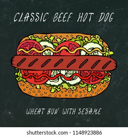 Black Board. Classic Grill Beef Hot Dog on a Sesame Bun with Lettuce Salad, Tomato, Mustard, Ketchup. Street Fast Food Collection. Realistic Hand Drawn High Quality Vector Illustration. Doodle Style.