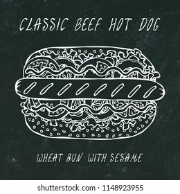 Black Board. Classic Grill Beef Hot Dog on a Sesame Bun with Lettuce Salad, Tomato, Mustard, Ketchup. Street Fast Food Collection. Realistic Hand Drawn High Quality Vector Illustration. Doodle Style.