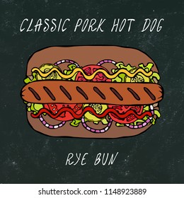 Black Board. Classic Grill Pork Hot Dog on a Sesame Bun with Lettuce Salad, Tomato, Cucumber, Mustard. Street Fast Food Collection. Realistic Hand Drawn High Quality Vector Illustration. Doodle Style.