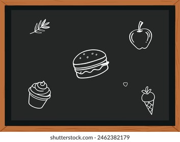 Black board with food drawing. Cooking class concept