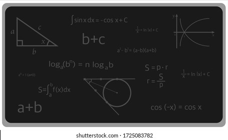 Junta negra con fórmulas, álgebra, geometría, ilustración vectorial