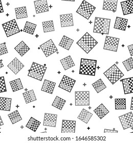 Black Board game of checkers icon isolated seamless pattern on white background. Ancient Intellectual board game. Chess board. White and black chips.  Vector Illustration