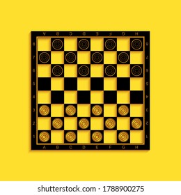 Black Board game of checkers icon isolated on yellow background. Ancient Intellectual board game. Chess board. White and black chips. Long shadow style. Vector.