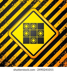 Black Board game of checkers icon isolated on yellow background. Ancient Intellectual board game. Chess board. White and black chips. Warning sign. Vector