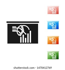 Black Board with graph chart icon isolated on white background. Report text file icon. Accounting sign. Audit, analysis, planning. Set icons colorful. Vector Illustration