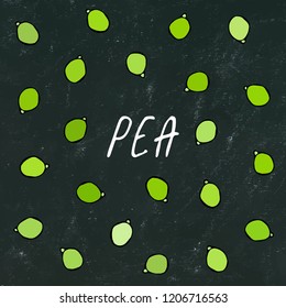 Black Board. Green Pea Pod. Healthy Bio Vegetarian Food. Realistic Hand Drawn High Quality Vector Illustration. Doodle Style.