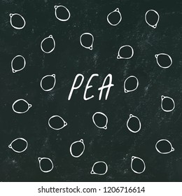 Black Board. Green Pea Pod. Healthy Bio Vegetarian Food. Realistic Hand Drawn High Quality Vector Illustration. Doodle Style.