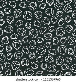 Black Board. Hazelnut Seamless Endless Pattern. Whole and Peeled Hazelnut. Autumn or Fall Harvest Collection. Realistic Hand Drawn High Quality Vector Illustration. Doodle Style.