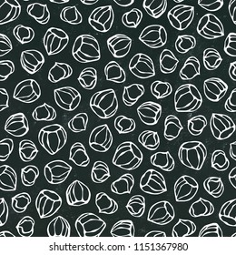 Black Board. Hazelnut Seamless Endless Pattern. Whole and Peeled Hazelnut. Autumn or Fall Harvest Collection. Realistic Hand Drawn High Quality Vector Illustration. Doodle Style.