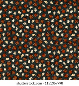 Black Board. Hazelnut Seamless Endless Pattern. Whole and Peeled Hazelnut. Autumn or Fall Harvest Collection. Realistic Hand Drawn High Quality Vector Illustration. Doodle Style.