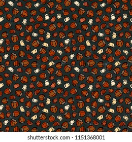 Black Board. Hazelnut Seamless Endless Pattern. Whole and Peeled Hazelnut. Autumn or Fall Harvest Collection. Realistic Hand Drawn High Quality Vector Illustration. Doodle Style.