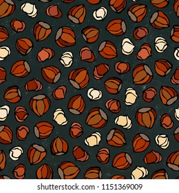 Black Board. Hazelnut Seamless Endless Pattern. Whole and Peeled Hazelnut. Autumn or Fall Harvest Collection. Realistic Hand Drawn High Quality Vector Illustration. Doodle Style.