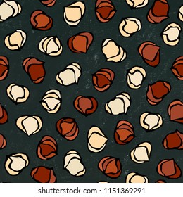 Black Board. Hazelnut Seamless Endless Pattern. Whole Peeled Hazelnut. Autumn or Fall Harvest Collection. Realistic Hand Drawn High Quality Vector Illustration. Doodle Style.