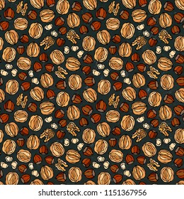 Black Board. Hazelnut and Walnut Seamless Endless Pattern. Whole and Peeled Hazelnut. Autumn or Fall Harvest Collection. Realistic Hand Drawn High Quality Vector Illustration. Doodle Style.