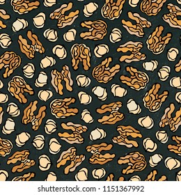 Black Board. Hazelnut and Walnut Seamless Endless Pattern. Whole Peeled Hazelnut. Autumn or Fall Harvest Collection. Realistic Hand Drawn High Quality Vector Illustration. Doodle Style.