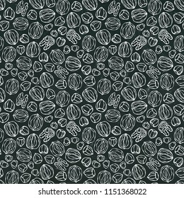 Black Board. Hazelnut and Walnut Seamless Endless Pattern. Whole and Peeled Hazelnut. Autumn or Fall Harvest Collection. Realistic Hand Drawn High Quality Vector Illustration. Doodle Style.