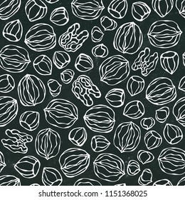 Black Board. Hazelnut and Walnut Seamless Endless Pattern. Whole and Peeled Hazelnut. Autumn or Fall Harvest Collection. Realistic Hand Drawn High Quality Vector Illustration. Doodle Style.