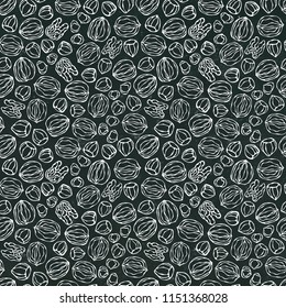 Black Board. Hazelnut and Walnut Seamless Endless Pattern. Whole and Peeled Hazelnut. Autumn or Fall Harvest Collection. Realistic Hand Drawn High Quality Vector Illustration. Doodle Style.