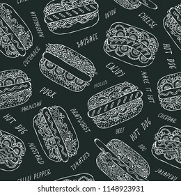 Black Board. Hot Dog and Lettering Seamless Endless Pattern. Many. Restaurant or Cafe Menu Background. Street Fast Food Collection. Realistic Hand Drawn High Quality Vector Illustration. Doodle Style.