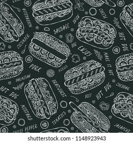 Black Board. Hot Dog and Lettering Seamless Endless Pattern. Many. Restaurant or Cafe Menu Background. Street Fast Food Collection. Realistic Hand Drawn High Quality Vector Illustration. Doodle Style.