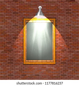 Black board on a brick wall with illumination.