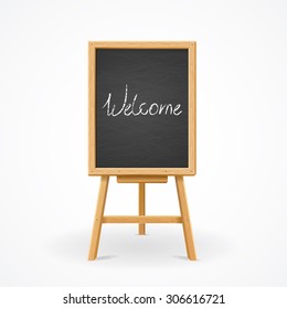 Black Board on Easel Front View with text in the center. Vector illustration