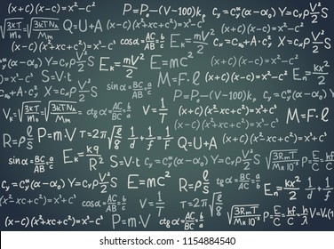 Black Board With Scientific Formula. Algebra, Mathematics And Physics Functions On Chalkboard. School Education Vector Background. Illustration Of Formula Trigonometry Handwriting