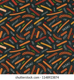 Black Board. Seamless Endless Background Pattern of Different Sausages. Food Collection. Realistic Hand Drawn High Quality Vector Illustration. Doodle Style.