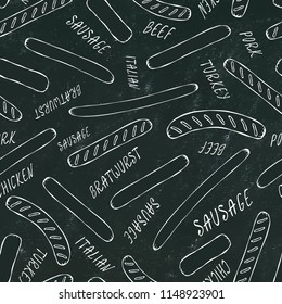 Black Board. Seamless Endless Background Pattern of Different Sausages. Food Collection. Realistic Hand Drawn High Quality Vector Illustration. Doodle Style.