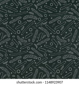 Black Board. Seamless Endless Background Pattern of Different Sausages. Food Collection. Realistic Hand Drawn High Quality Vector Illustration. Doodle Style.