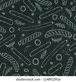 Black Board. Seamless Endless Background Pattern of Different Sausages. Food Collection. Realistic Hand Drawn High Quality Vector Illustration. Doodle Style.