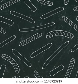 Black Board. Seamless Endless Background Pattern of Different Sausages. Food Collection. Realistic Hand Drawn High Quality Vector Illustration. Doodle Style.