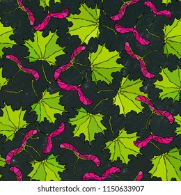 Black Board. Seamless Endless Pattern of Green Maple Leaves and Seeds. Autumn or Fall Harvest Collection. Realistic Hand Drawn High Quality Vector Illustration. Doodle Style.