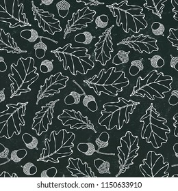 Black Board. Seamless Endless Pattern of Oak Leaves and Acorns. Red, Orange and Yellow. Autumn or Fall Harvest Collection. Realistic Hand Drawn High Quality Vector Illustration. Doodle Style.