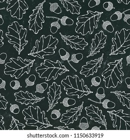 Black Board. Seamless Endless Pattern of Oak Leaves and Acorns. Red, Orange and Yellow. Autumn or Fall Harvest Collection. Realistic Hand Drawn High Quality Vector Illustration. Doodle Style.