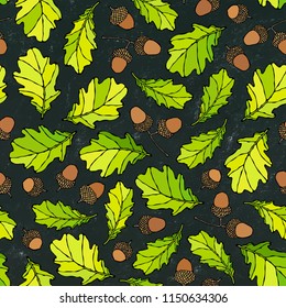 Black Board. Seamless Endless Pattern of Oak Leaves and Acorns. Green and Yellow. Autumn or Fall Harvest Collection. Realistic Hand Drawn High Quality Vector Illustration. Doodle Style.