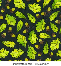 Black Board. Seamless Endless Pattern of Oak Leaves and Acorns. Green and Yellow. Autumn or Fall Harvest Collection. Realistic Hand Drawn High Quality Vector Illustration. Doodle Style.