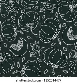 Black Board. Seamless Endless Pattern of Pumpkin. Half of Whole Orange Pumpkins, Flower Autumn Fall Vegetable Harvest Collection. Realistic Hand Drawn High Quality Vector Illustration. Doodle Style.