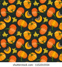 Black Board. Seamless Endless Pattern of Pumpkin. Half of Whole Orange Pumpkins, Flower Autumn Fall Vegetable Harvest Collection. Realistic Hand Drawn High Quality Vector Illustration. Doodle Style.