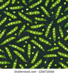 Black Board. Seamless Endless Pattern of Green Peas and Peeled Pea Pod. Healthy Bio Vegetarian Food. Realistic Hand Drawn High Quality Vector Illustration. Doodle Style.