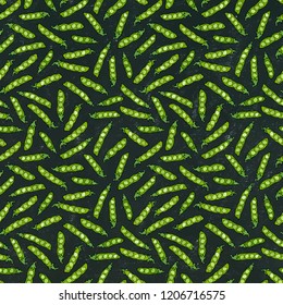 Black Board. Seamless Endless Pattern of Green Peas and Peeled Pea Pod. Healthy Bio Vegetarian Food. Realistic Hand Drawn High Quality Vector Illustration. Doodle Style.