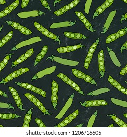 Black Board. Seamless Endless Pattern of Green Peas and Peeled Pea Pod. Healthy Bio Vegetarian Food. Realistic Hand Drawn High Quality Vector Illustration. Doodle Style.