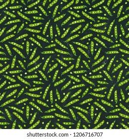 Black Board. Seamless Endless Pattern of Green Peas and Peeled Pea Pod. Healthy Bio Vegetarian Food. Realistic Hand Drawn High Quality Vector Illustration. Doodle Style.
