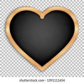 Black board in the shape of a heart. With wooden frame. Menus for cafes and restaurants. Back to school.  Realistic style. Isolated on transparent background vector illustration